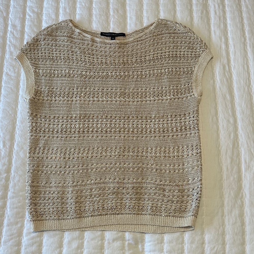 White House Black Market Tan Gold Sequin Sparkle Knit Crochet Top Cap Sleeve XS